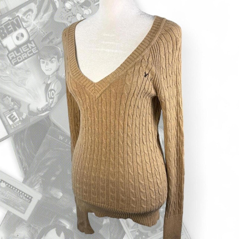 Vintage Y2K Aeropostle Tan Cable Knit Long Sleeve V Neck Fitted Baby Girl Top
